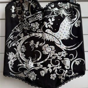 KIMIKAL CORSET BUSTIER TOP RHINESTONES, LACE, BLACK SILVER SIZE 36C MEDIUM